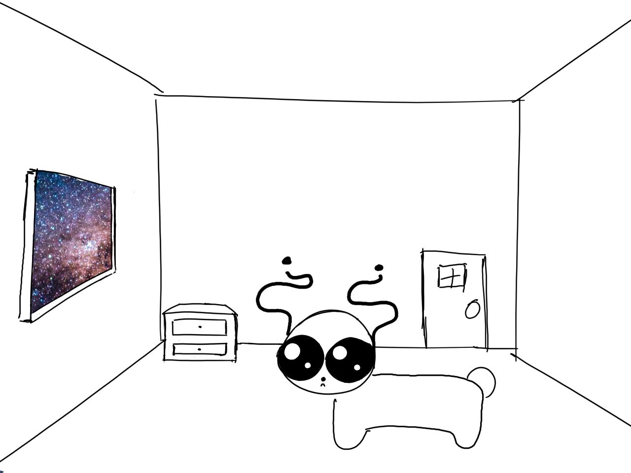 A creature with big eyes and winding antennae standing in a room. The room contains a window to outer space, a drawer and a door.